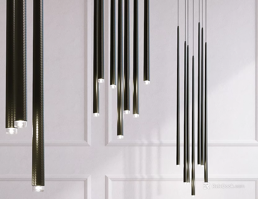Modern Black Slim Rod Pendant Lights with LED Illumination Hanging in White Wall Interior 3d model 
