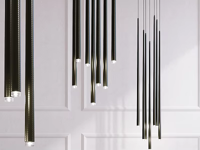 Modern Black Slim Rod Pendant Lights with LED Illumination Hanging in White Wall Interior 3d model