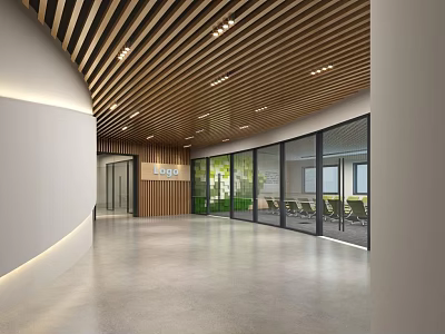Modern Office Corridor Interior With Wooden Ceiling LED Lights Glass Partitions And Sleek Flooring 3d model