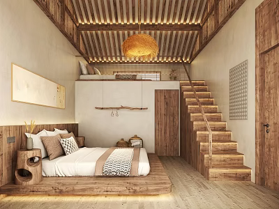 Hotel Guest Room Interior With Wooden Ceiling Pendant Lamp Tatami Bed And Staircase 3d model