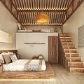 Hotel Guest Room Interior With Wooden Ceiling Pendant Lamp Tatami Bed And Staircase