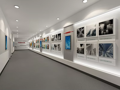 Modern Office Corridor With Wall Photo Displays And Ceiling Lights 3d model
