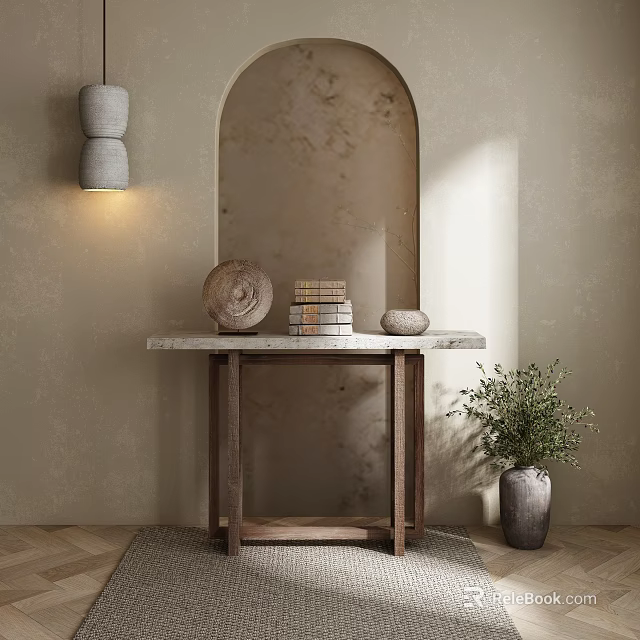 Console Table With Marble Top On Textured Wall Stacked Books Round Decor And Potted Plant 3d model 