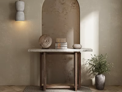 Console Table With Marble Top On Textured Wall Stacked Books Round Decor And Potted Plant 3d model