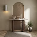 Console Table With Marble Top On Textured Wall Stacked Books Round Decor And Potted Plant