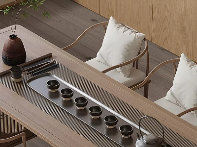 Elegant Modern Tea Set On Wooden Tea Table With Teapot And Teacups 3d model