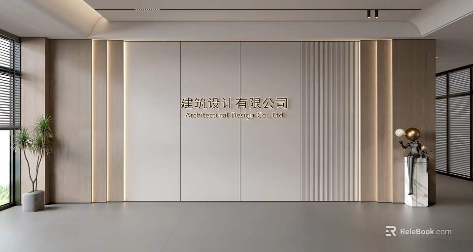 Modern Architectural Design Office Background Wall With Minimalist Wooden Panels And Vertical Stripes 3d model 