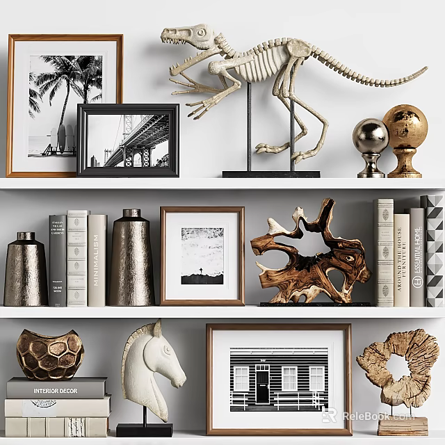 Decorative Ornament Collection With Dinosaur Skeleton Metal Spheres Picture Frames Books Horse Head And Wooden Decor 3d model 
