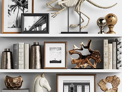 Decorative Ornament Collection With Dinosaur Skeleton Metal Spheres Picture Frames Books Horse Head And Wooden Decor 3d model