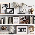 Decorative Ornament Collection With Dinosaur Skeleton Metal Spheres Picture Frames Books Horse Head And Wooden Decor