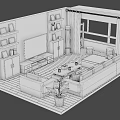 Cartoon Scenery of Living Room With Blue Sofa Wooden Floor TV Bookshelves and Potted Plant