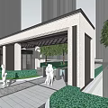 Main Entrance Gate with Covered Structure Modern High Rise Buildings Landscaped Greenery and Pedestrians Nearby