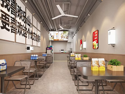 Cozy Restaurant Interior With Tables Chairs Menu Boards Ceiling Fans Drinks And Meal Boxes 3d model