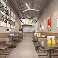 Cozy Restaurant Interior With Tables Chairs Menu Boards Ceiling Fans Drinks And Meal Boxes