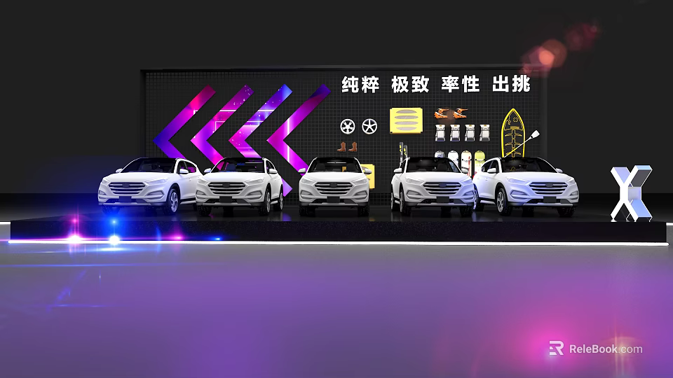 Stage Displaying Five White Cars With Purple Pink Lighting And Black Background 3d model 