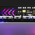 Stage Displaying Five White Cars With Purple Pink Lighting And Black Background