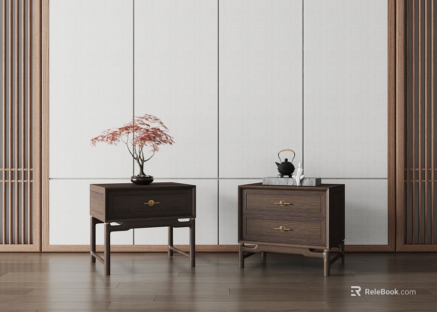Chinese Style Wooden Bedside Tables With Red Flower Vase Teapot And Light Wall 3d model 