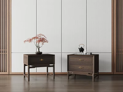 Chinese Style Wooden Bedside Tables With Red Flower Vase Teapot And Light Wall 3d model