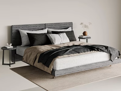 Modern Minimalist Double Bed with Gray Wooden Headboard Pillows Blankets Nightstands and Vase on Rug 3d model