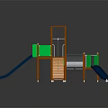 Colorful Outdoor Playground Equipment With Wooden Frames Green Blue Slides And Multi Level Climbing Platforms