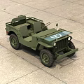 Green Vintage Jeep Military Style Vehicle In Concrete Hangar With Large Tires