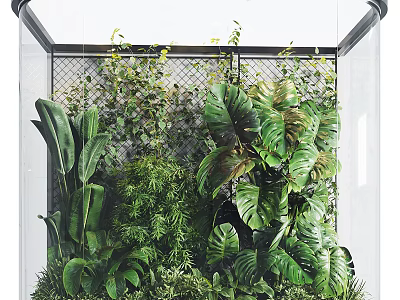 Lush Indoor Landscape With Diverse Green Plants Metal Grid Background And Transparent Ceiling 3d model