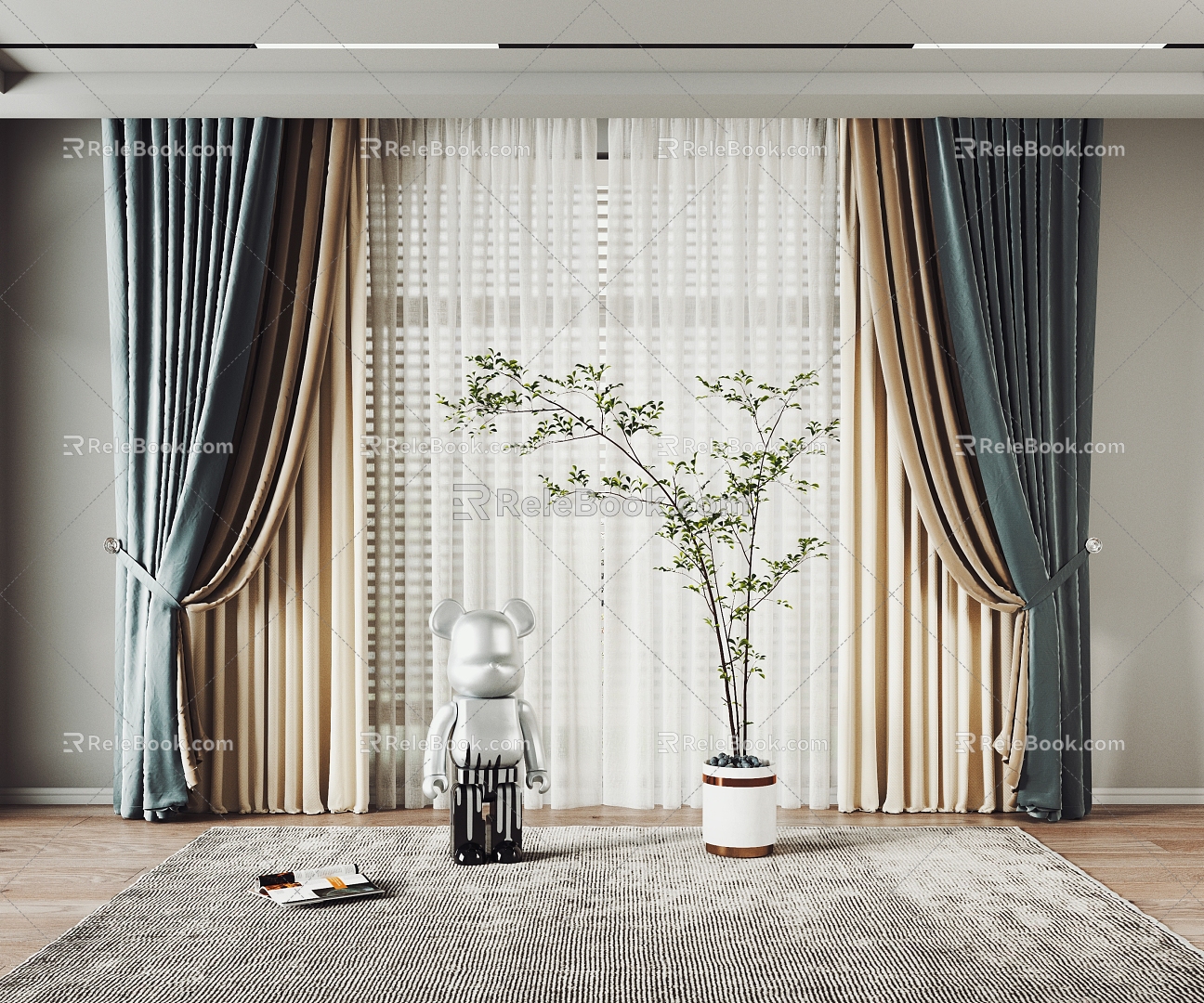 Curtain Fabric Curtain Bedroom Curtain Curtain Combination Potted Bear 3d model