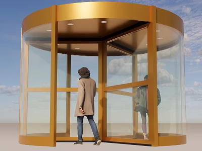 Golden Framed Revolving Door With Transparent Glass Panels And People Entering 3d model