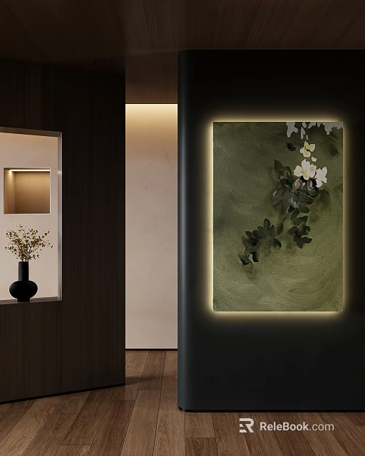 Modern Wall Decor With Green Botanical Painting Featuring White Flowers And Leaves 3d model 
