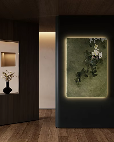 Modern Wall Decor With Green Botanical Painting Featuring White Flowers And Leaves 3d model
