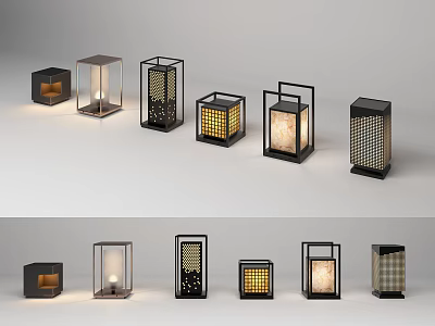 Modern Outdoor Lamps With Grid Pattern Metal Frames And Warm Illumination 3d model