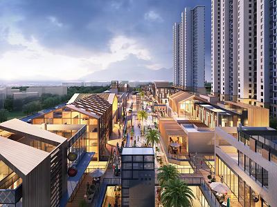 Bustling Urban Commercial Street With Modern Architecture Palm Trees Pedestrians And High Rise Buildings 3d model