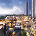 Bustling Urban Commercial Street With Modern Architecture Palm Trees Pedestrians And High Rise Buildings