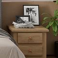 Wooden Bedside Table with Drawers Holding The Sun Also Rises Book Photo Frames Green Plant