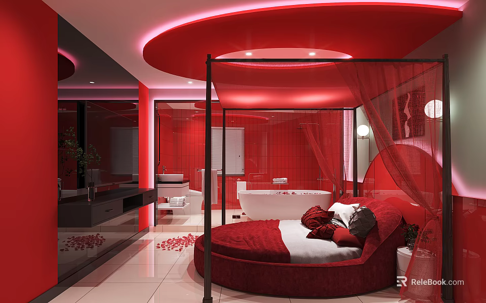 Red Themed Modern Hotel Guest Room With Round Bed Red Bathroom And White Bathtub 3d model 