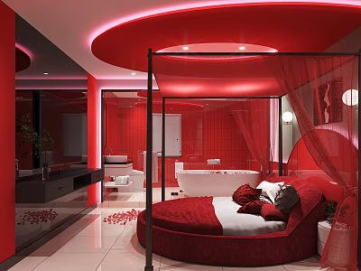 Red Themed Modern Hotel Guest Room With Round Bed Red Bathroom And White Bathtub 3d model