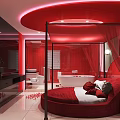 Red Themed Modern Hotel Guest Room With Round Bed Red Bathroom And White Bathtub