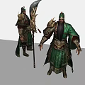 Ancient Chinese Warrior In Green Gold Armor With Dragon Decorated Spear And Long Beard