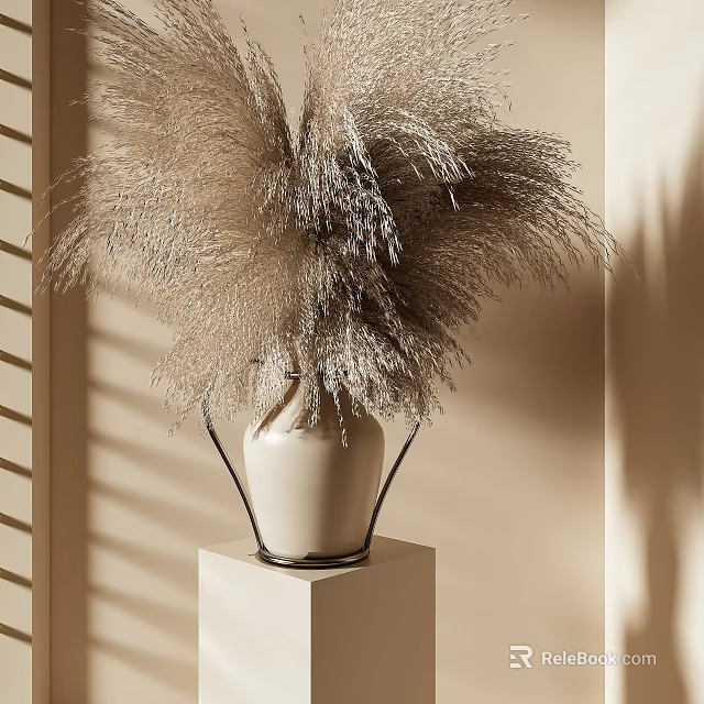 Pampas Grass Arrangement In White Ceramic Vase On White Cube Pedestal With Light Shadow 3d model 