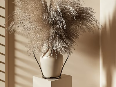Pampas Grass Arrangement In White Ceramic Vase On White Cube Pedestal With Light Shadow 3d model