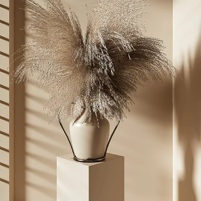 Pampas Grass Arrangement In White Ceramic Vase On White Cube Pedestal With Light Shadow 3d model