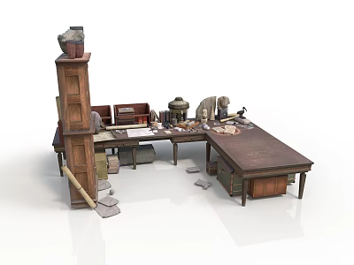 Vintage Workspace with Wooden Table Tools Scrolls and Shelf Decorations 3d model