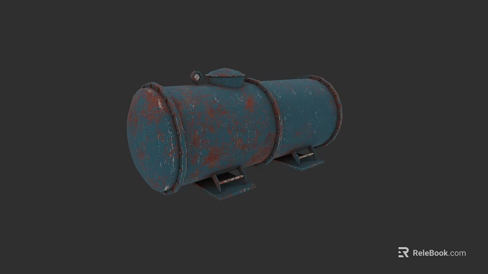Rusted Blue Cylindrical Industrial Equipment Storage Tank With Metal Brackets 3d model 