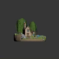 Cartoon Scene Featuring Small House Weeping Willow Trees Garden Rocks Small Shed and Blue Car