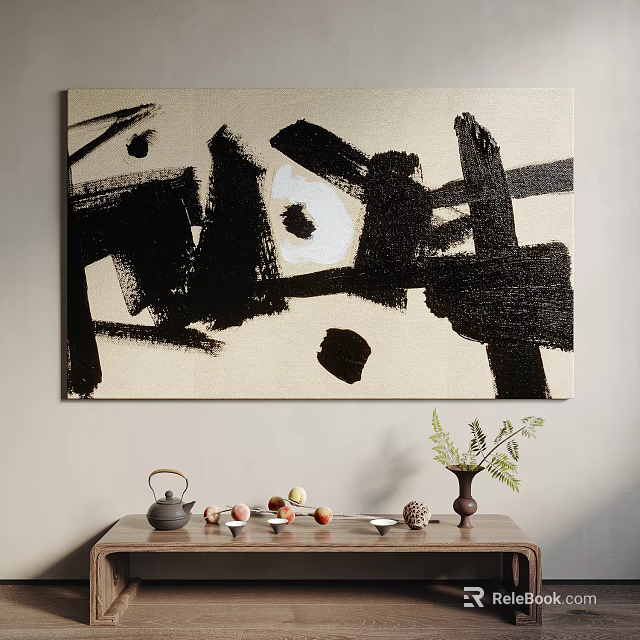 Large Abstract Painting With Bold Black Brushstrokes And Beige Background In Minimalist Interior 3d model 