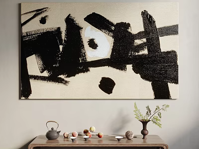 Large Abstract Painting With Bold Black Brushstrokes And Beige Background In Minimalist Interior 3d model