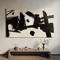 Large Abstract Painting With Bold Black Brushstrokes And Beige Background In Minimalist Interior