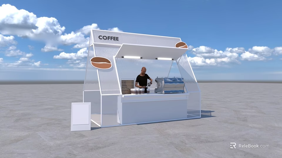 White Coffee Kiosk With Transparent Canopy Coffee Sign Barista And Machine 3d model 
