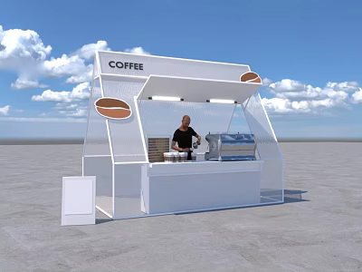 White Coffee Kiosk With Transparent Canopy Coffee Sign Barista And Machine 3d model