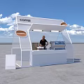 White Coffee Kiosk With Transparent Canopy Coffee Sign Barista And Machine